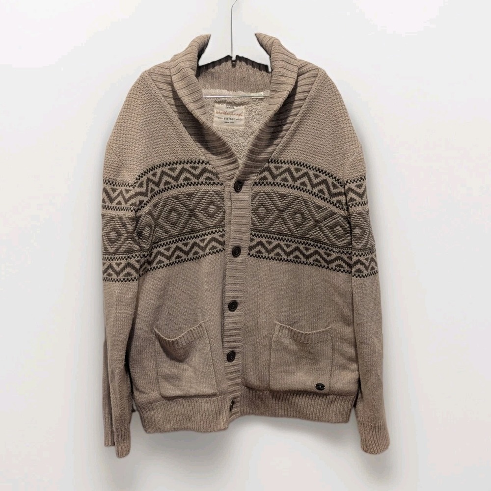 Nordic Fair Isle Sherpa Lined Shawl Collar Cardigan Weatherproof Vintage Large